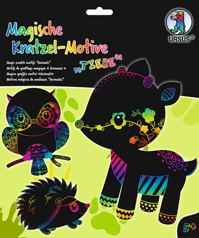Magische Kratzel-Motive 250 g/m, „Tiere“, 6 Stanzteile, ca. 20 x 13 cm, mit Regenbogeneffekt Artikel Nr.: 24540003F
