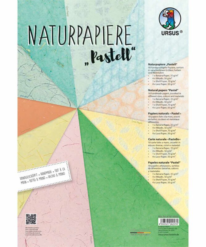 Naturpapiere, „Pastell“, je 1 Blatt „Bananenpapier” und „Muschelpapier“, je 4 Blatt „Mikado” und „Lace paper” Artikel Nr.: 61610001