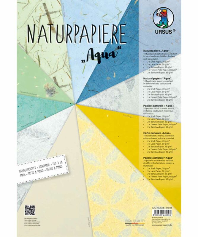 Naturpapiere, „Aqua“, 1 Blatt „Blütenpapier”, je 2 Blatt „Muschelpapier”, „Bananenpapier”, „Bambuspapier”, 3 Blatt „Lace paper” Artikel Nr.: 61610004