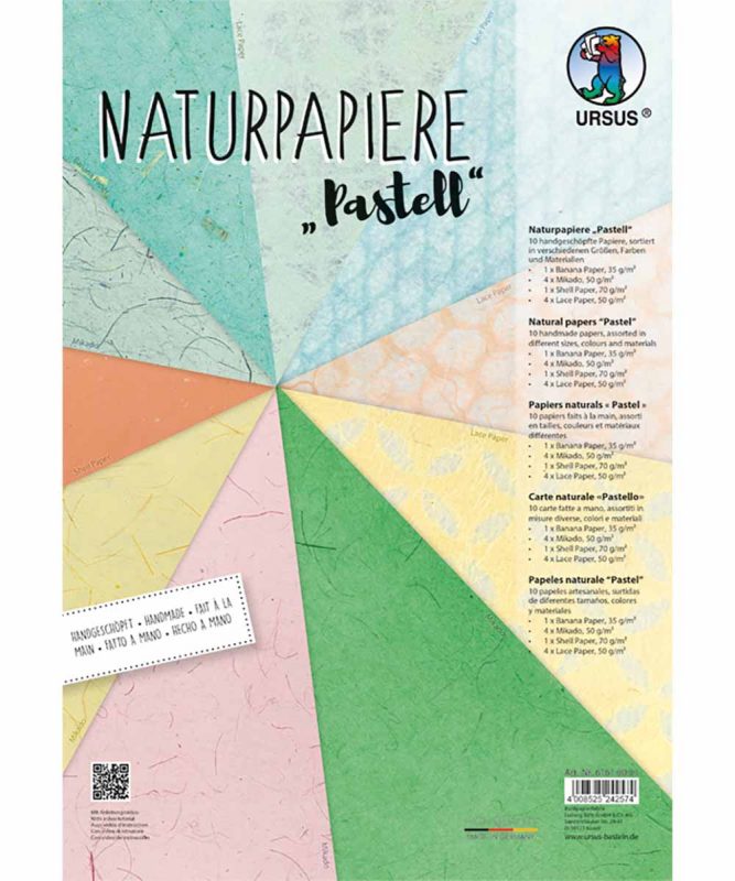Naturpapiere, „Pastell“, je 1 Blatt „Bananenpapier” und „Muschelpapier“, je 4 Blatt „Mikado” und „Lace paper” Artikel Nr.: 61610001