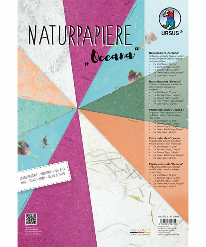 Naturpapiere, „Oceana“, 1 Blatt „Bambuspapier”, je 2 Blatt „Muschelpapier”, „Lace Paper”, „Blütenpapier”, 3 Blatt „Bananenpapier” Artikel Nr.: 61610003
