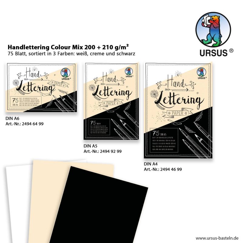 Handlettering Colour Mix 200 + 210 g/m² 75 Blatt, sortiert in 3 Farben: weiß, creme und schwarz DIN A6 Art.-Nr.: 24946499 DIN A5 Art.-Nr.: 24949299 DIN A4 Art.-Nr.: 24944699